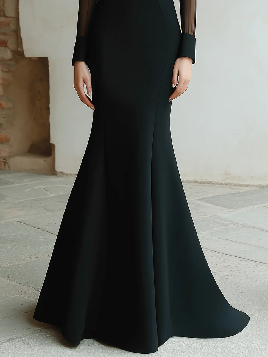 Black Mesh Sleeve Evening Gown