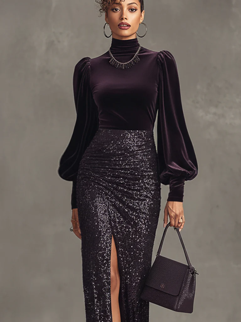 Purple Velvet Sequined Slit Long Sleeve Maxi Dress