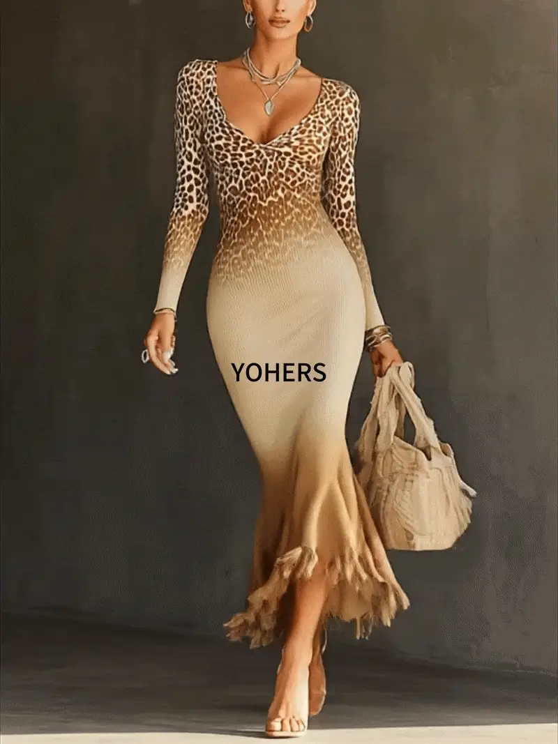 Light Brown Leopard Print Ombre Knit Fringed Hem Maxi Dress
