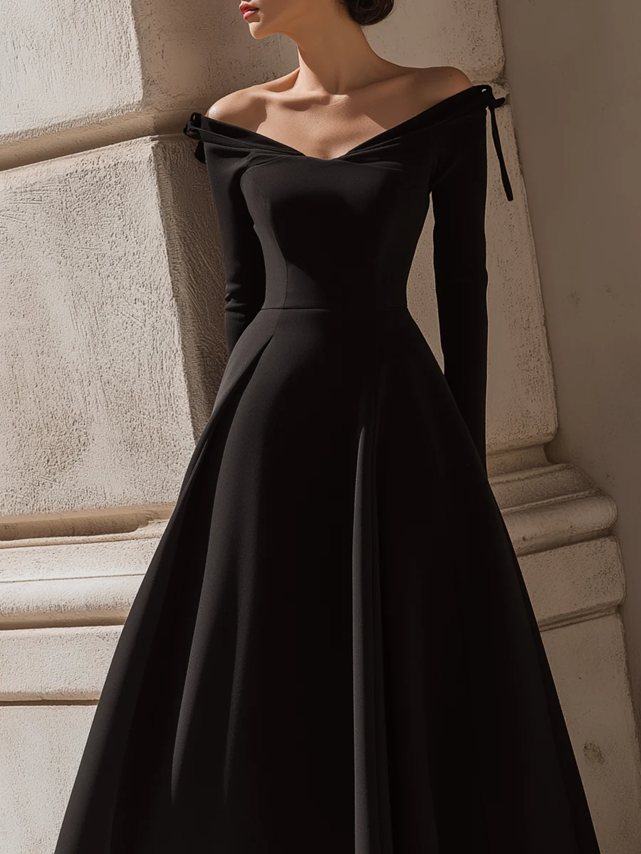 Off-Shoulder Bow Detail Black Midi Dress