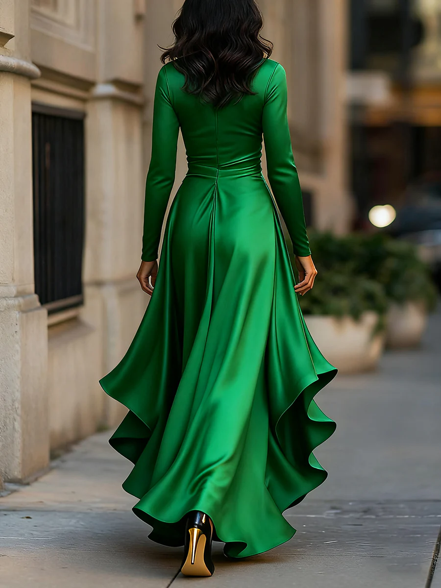 Midnight Blue Draped Satin Maxi Dress With Ruffle Details