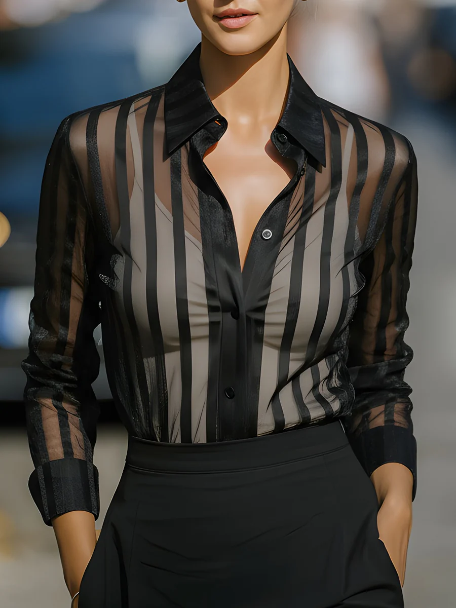 Sheer Striped Mesh Button-Up Blouse