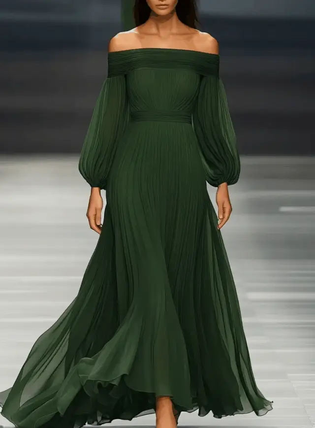 24-Hour-Shipping Off-shoulder Green Chiffon Maxi Dress
