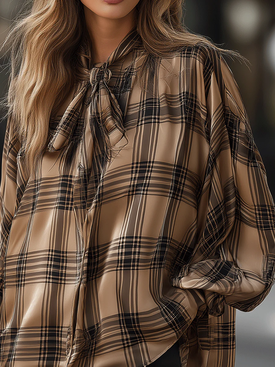 Beige Plaid Button-Down Shirt With Bow Tie Detail