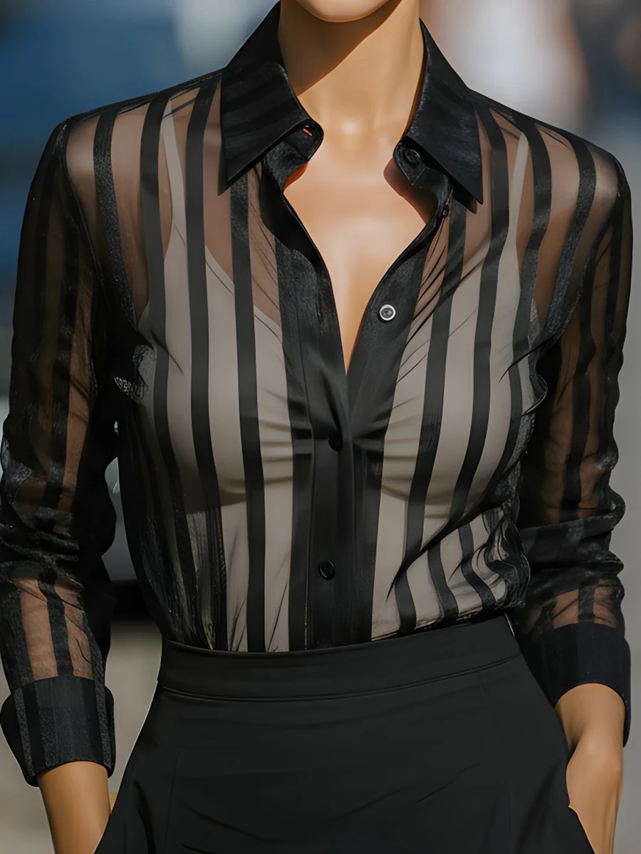 Sheer Striped Mesh Button-Up Blouse
