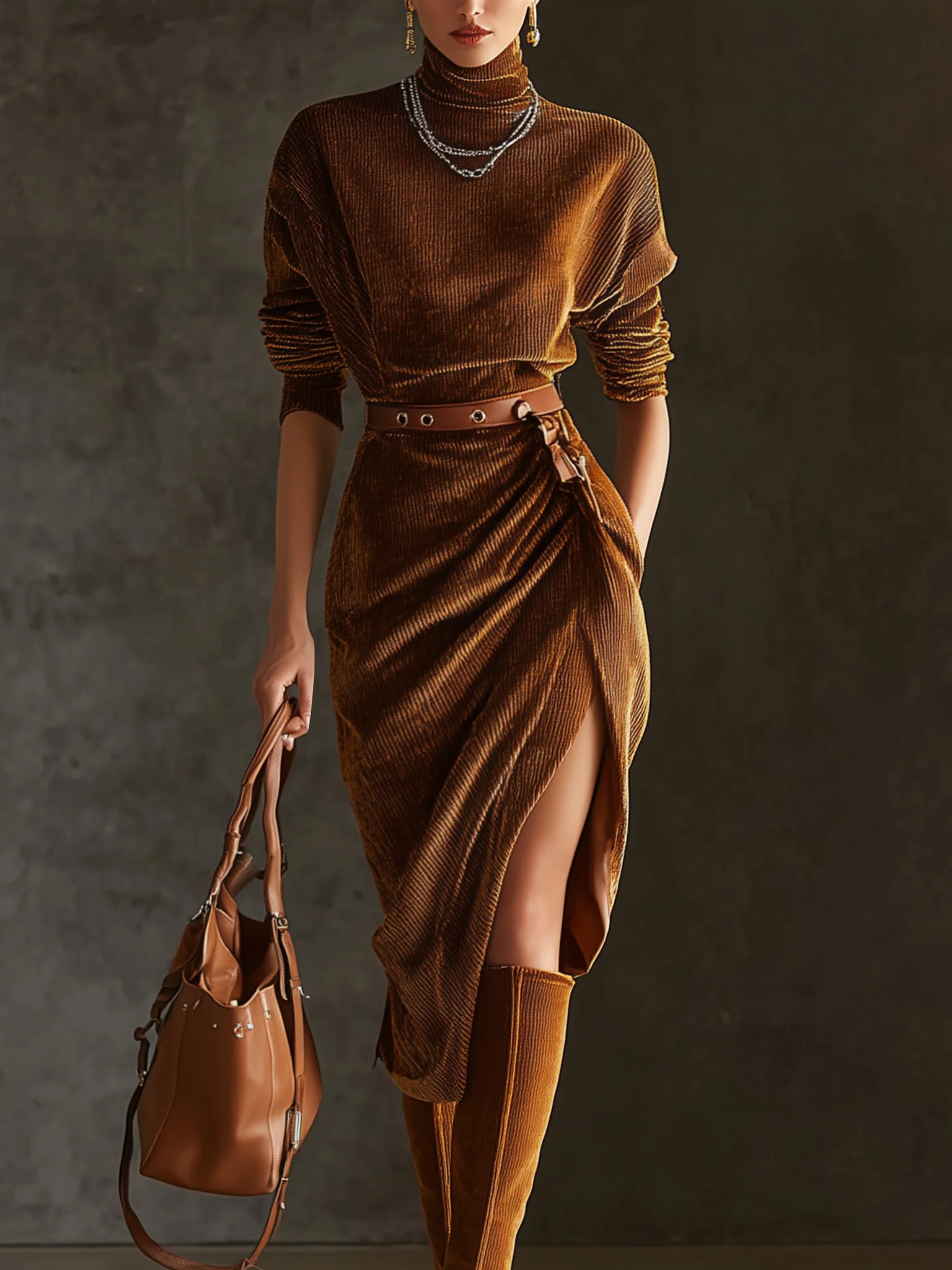 Brown Corduroy Turtleneck Long Sleeve Bodycon Dress With Belt