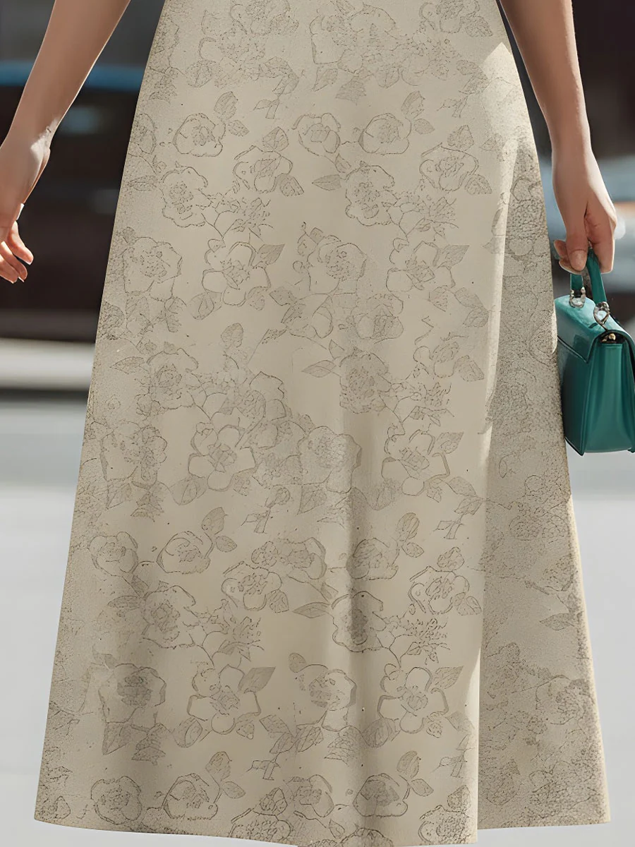 Chic Beige Dress With Subtle Floral Print - Perfect For Day To Night Looks