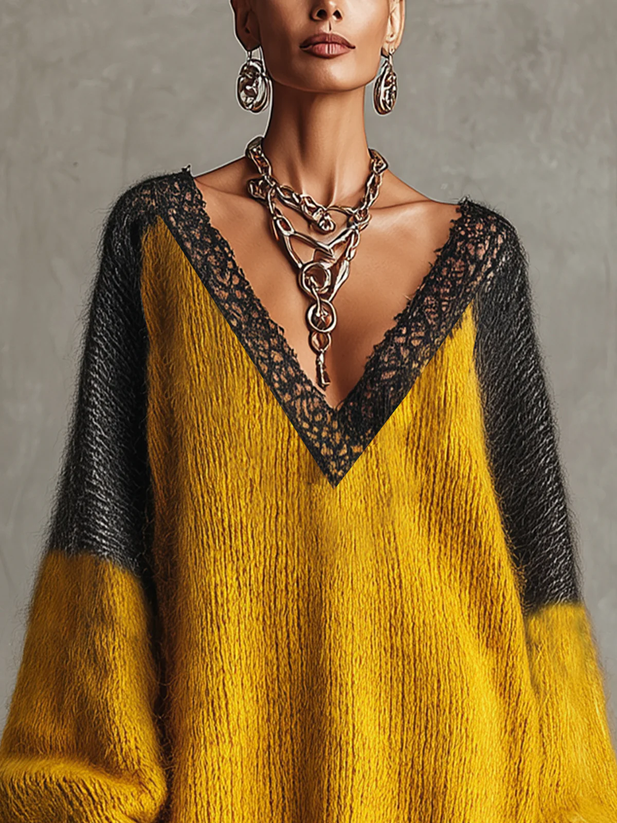 Yellow And Black Mohair Lace-Trimmed Oversized Sweater Dress