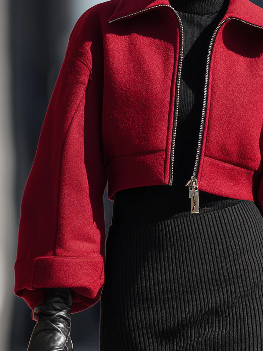 Red Cropped Wool Zip Jacket