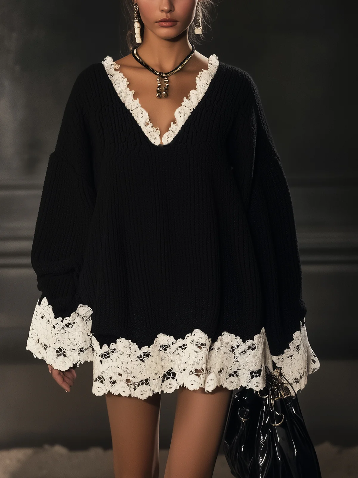 Black Knit Dress With White Lace Trim