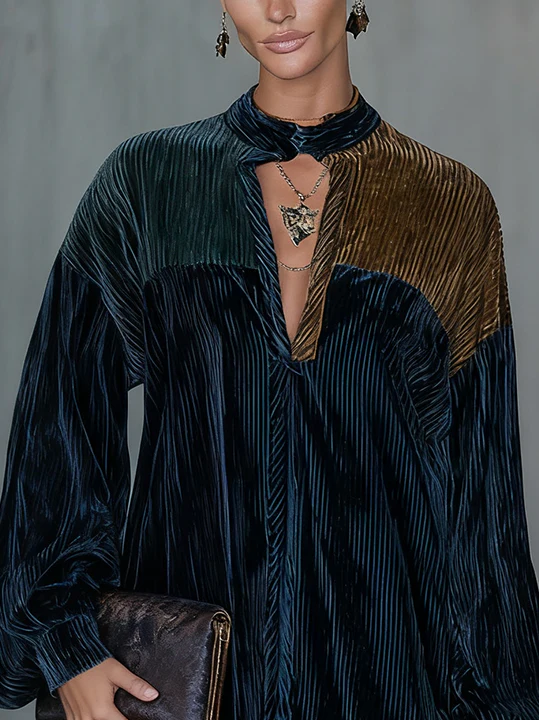 Colorblock Velvet Mini Shirt Dress In Deep Navy And Olive