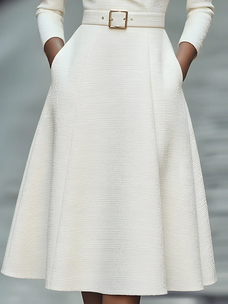 White Textured Belted Midi Dress With V-Neckline
