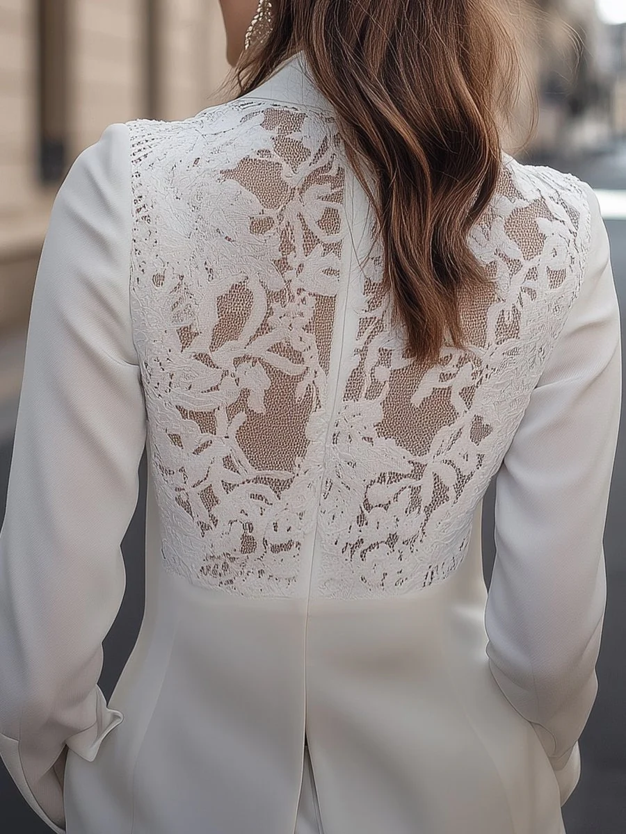 Elegant White Lace-Backed Blazer with Structured Silhouette