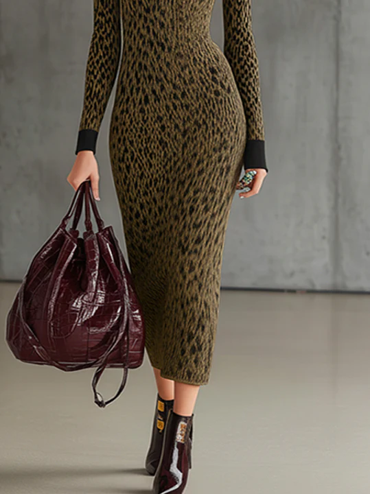 Leopard Print Patchwork Knit Midi Dress With Keyhole Cutout