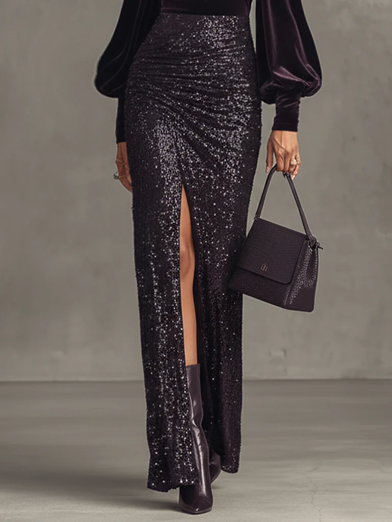 Purple Velvet Sequined Slit Long Sleeve Maxi Dress
