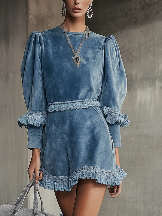 Blue Puff Sleeve Faux Suede Mini Dress With Ruffle Accents