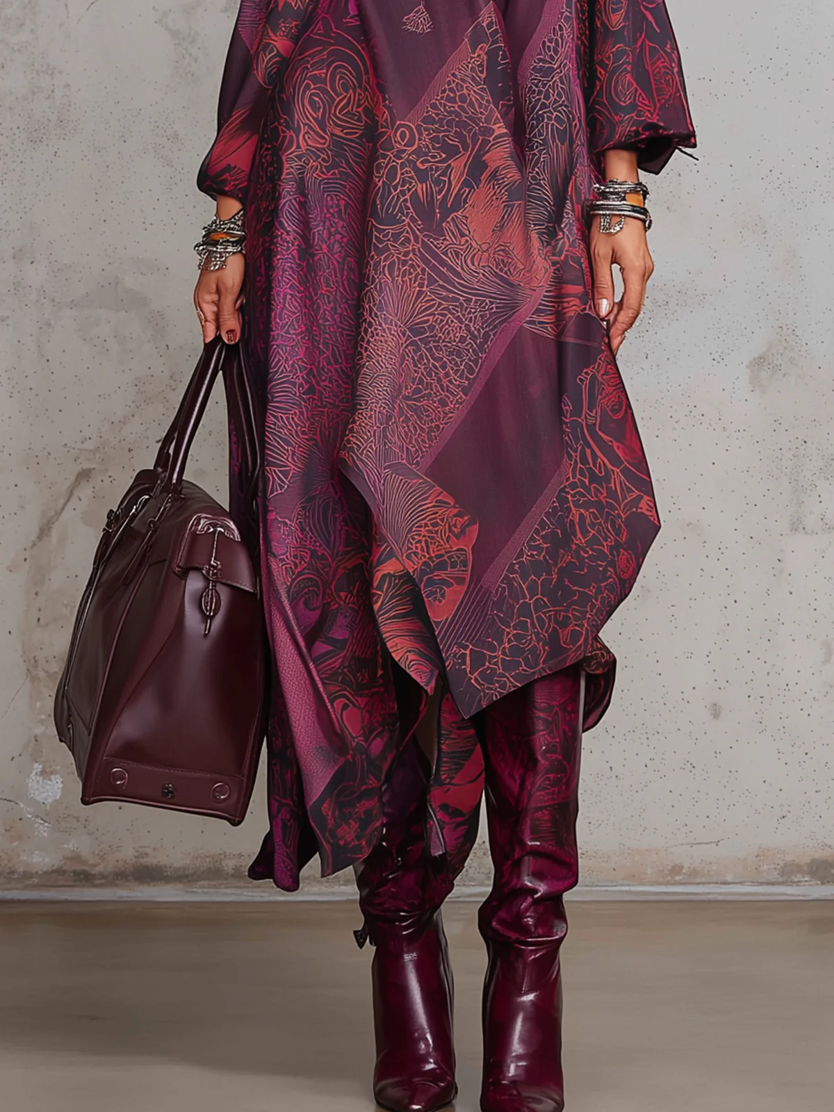 Burgundy Printed Draped Maxi Dress With High Neck And Asymmetric Hem