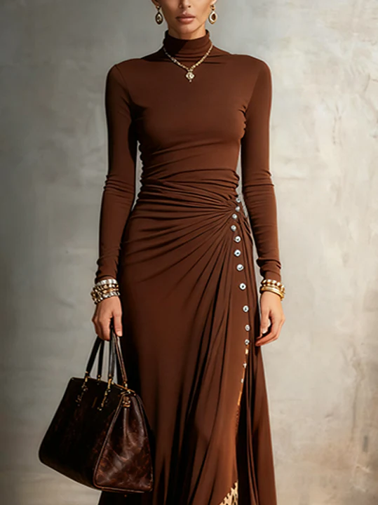 Chocolate Brown Maxi Dress With Ruched Detailing And Leopard Print Insets
