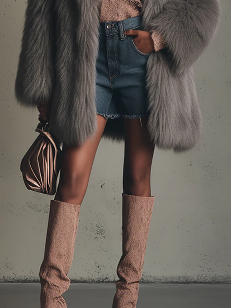 Gray Faux Fox Fur Eco Friendly Long Sleeve Jacket