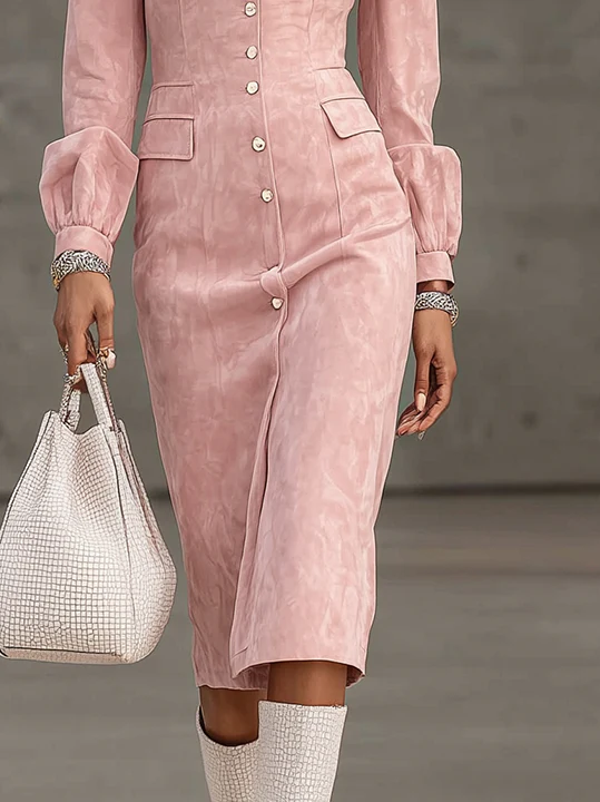 Pink Faux Suede Midi Dress With Faux Fur Collar And Button Detailing