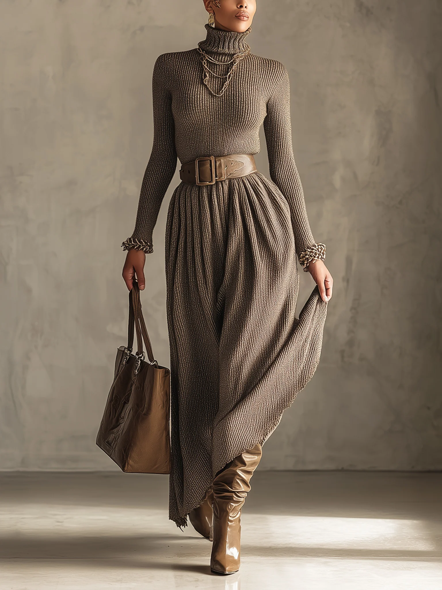 Taupe Ribbed Turtleneck Belted Long Sleeve Maxi Dress