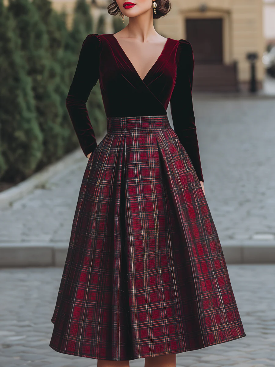 V-Neck Velvet And Plaid Midi Dress
