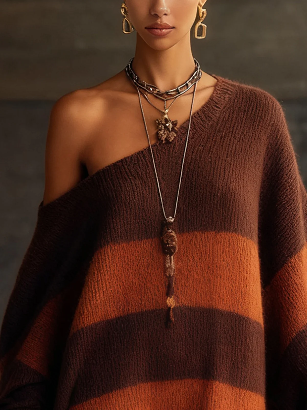 Oversized Striped Knit Sweater Dress With Fringe Hem