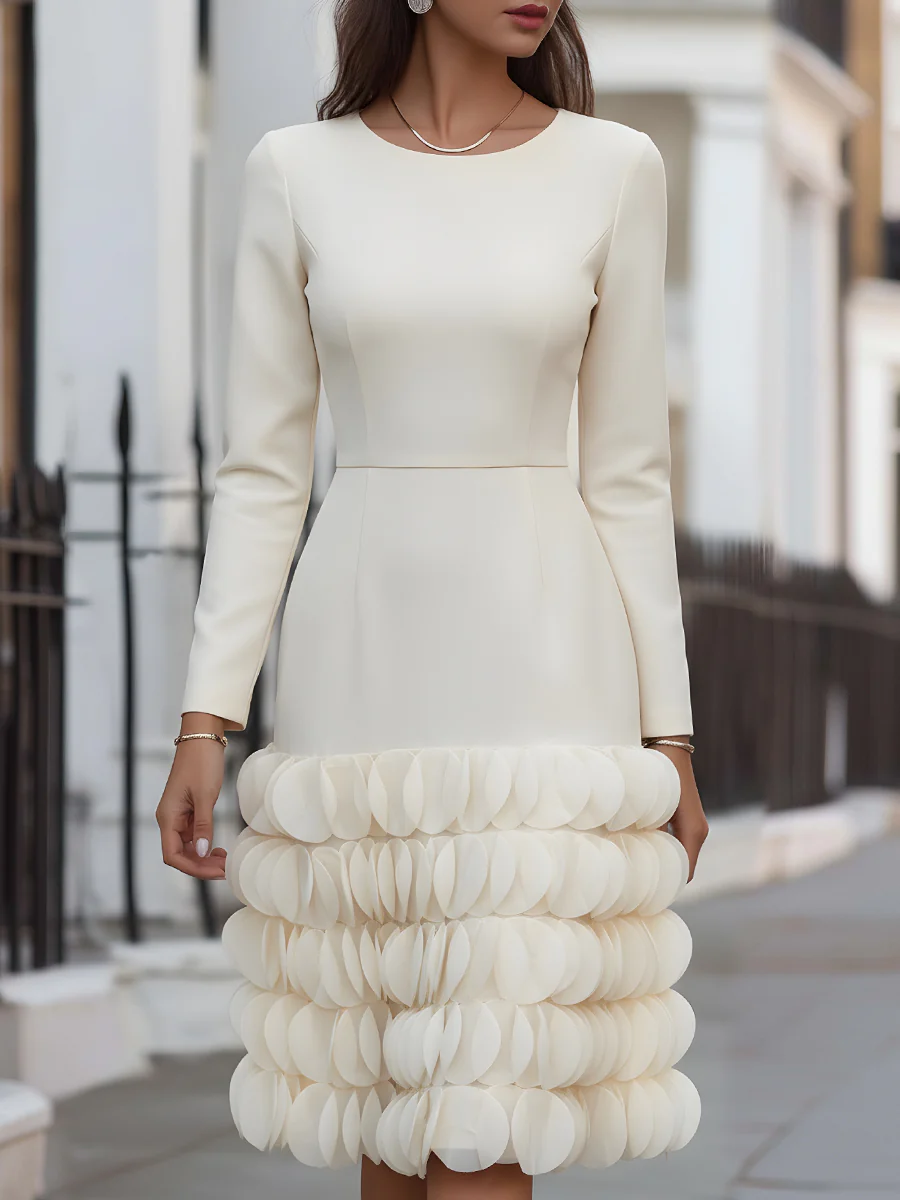 3D Petal-Embellished Long-Sleeve Midi Dress