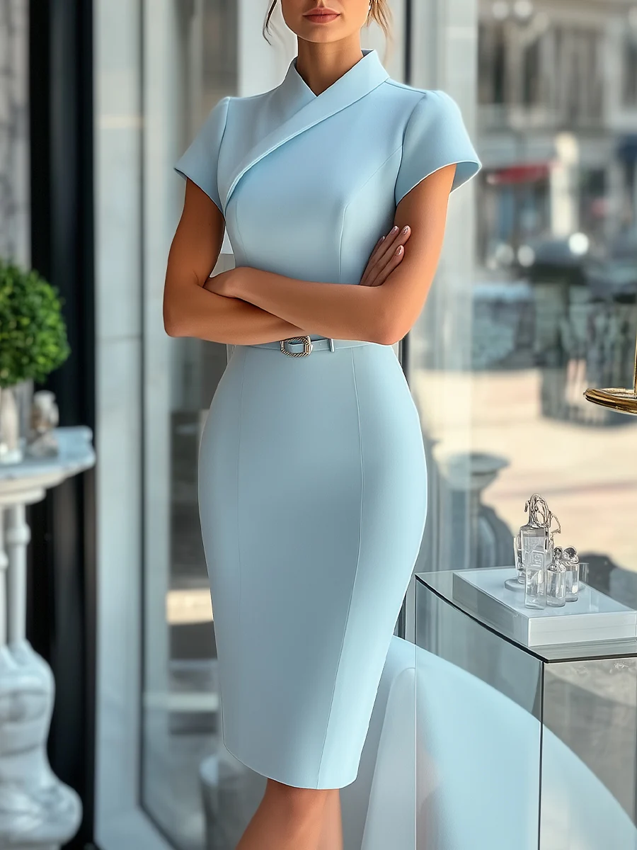 Sleek Sky Blue Asymmetrical Dress with Belt