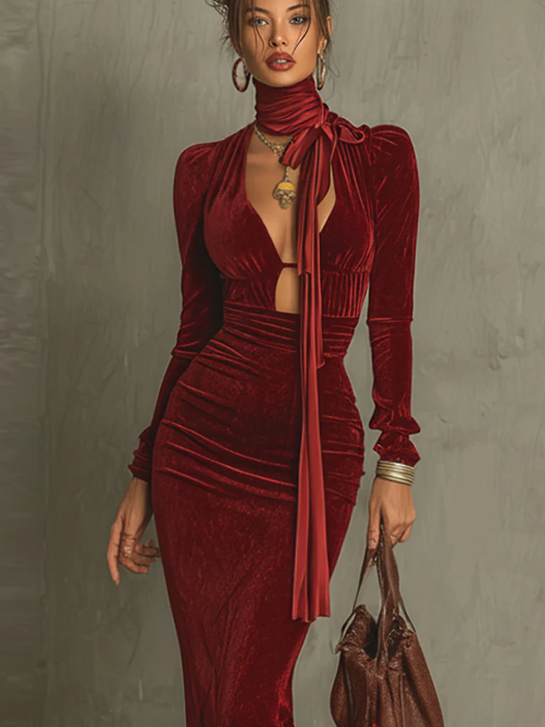 Red Velvet Deep V-Neck Mermaid Maxi Dress With Lace Skirt