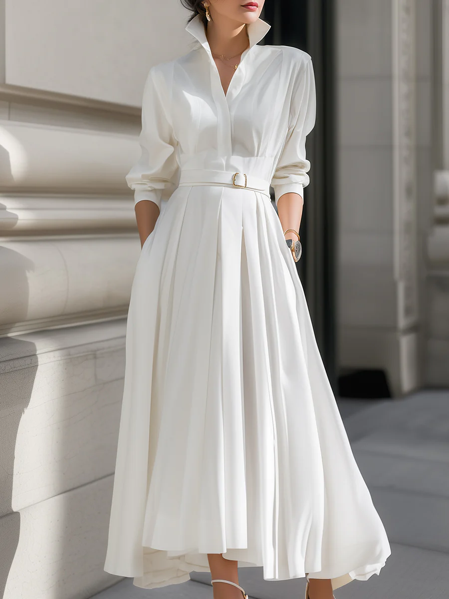 Elegant Plain Belted Shirt Dress With Pleated Skirt