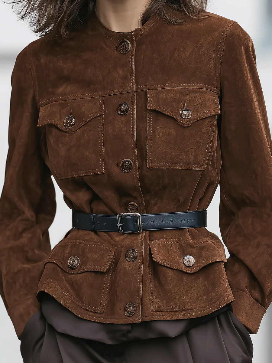 Brown Belted Faux Suede Jacket With Button Details