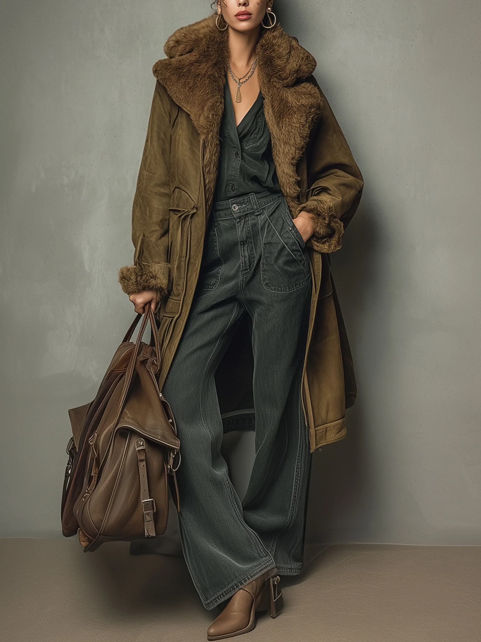 Olive Green Vintage Faux Suede Long Coat With Eco Friendly Fur Collar