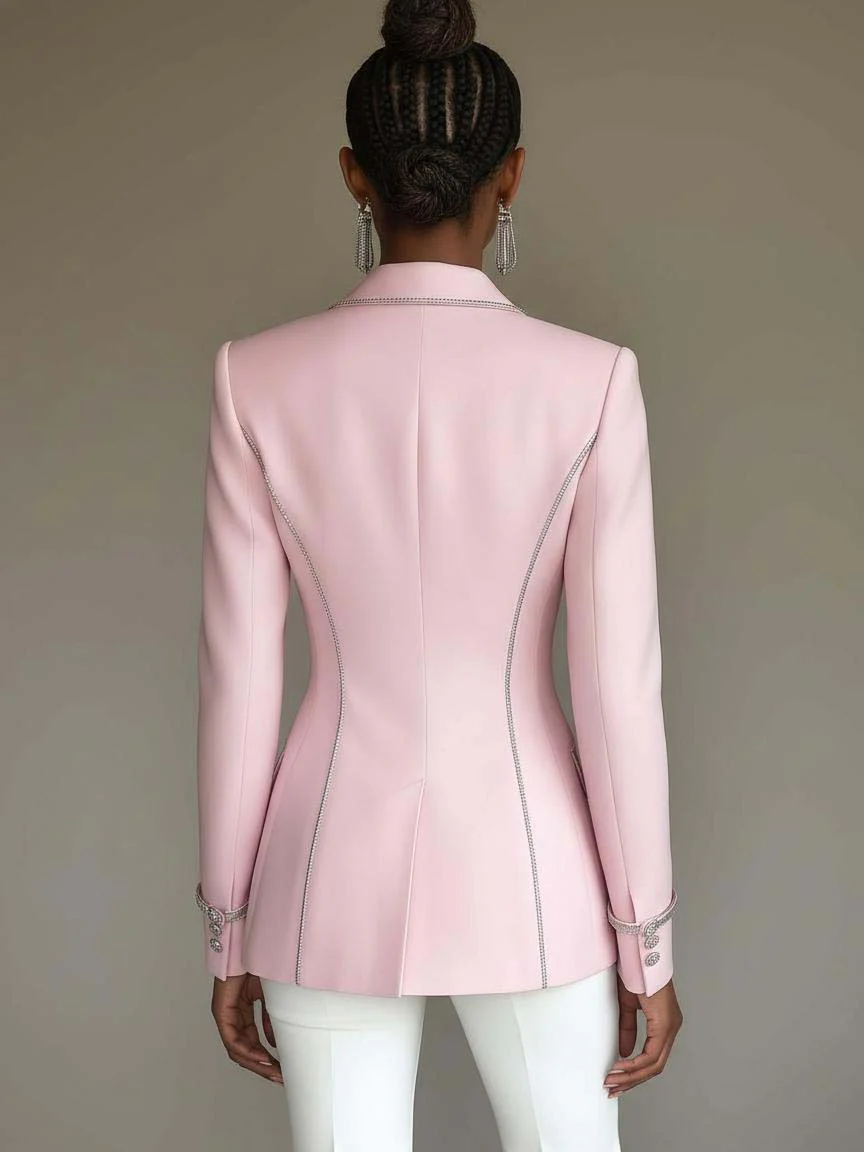 Pink Blazer With Silver Trim And Double-breasted Buttons