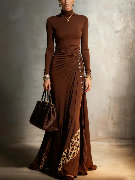 Chocolate Brown Maxi Dress With Ruched Detailing And Leopard Print Insets