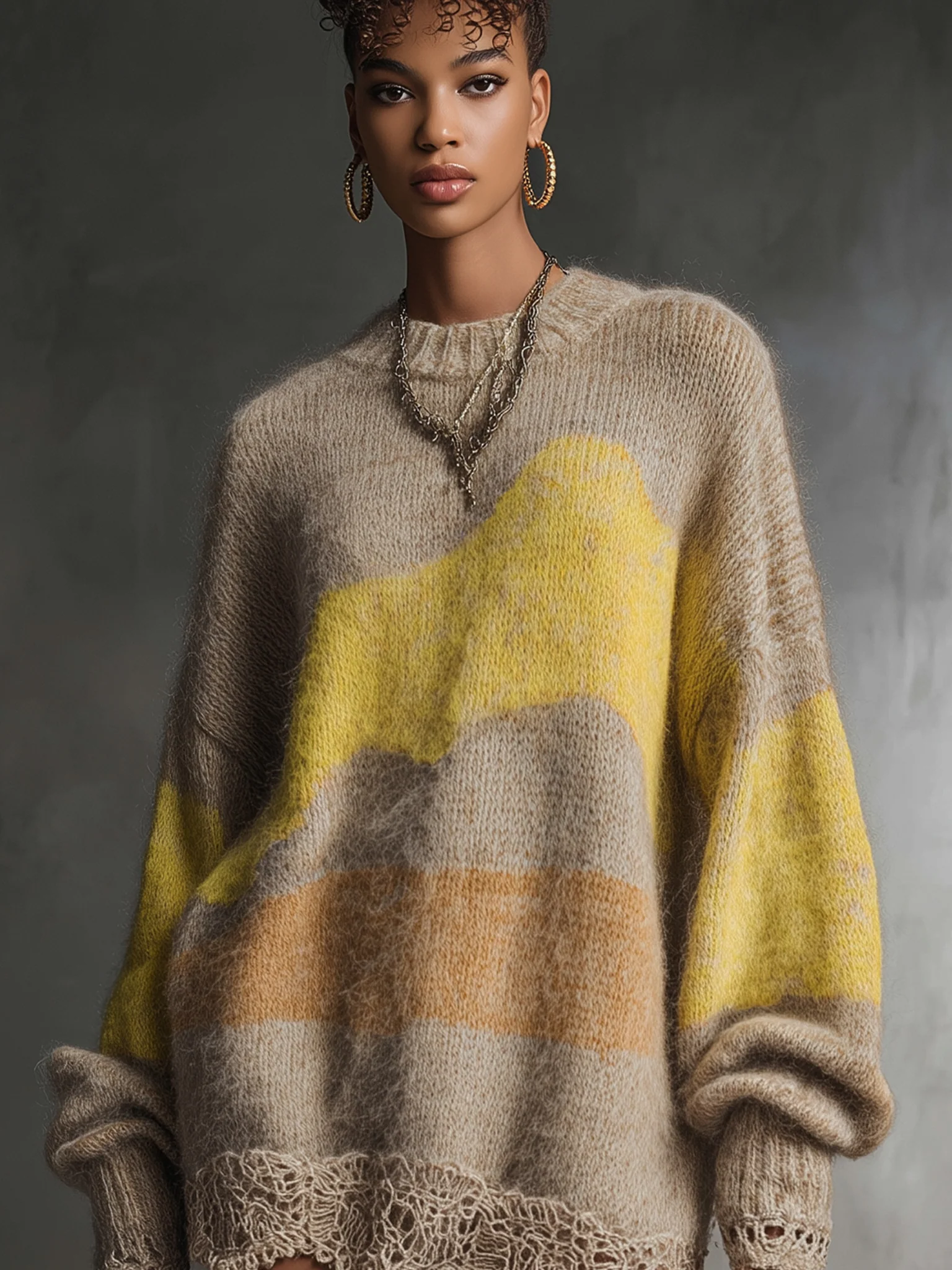 Beige Knit Long Sleeve Mini Dress With Lace Hem