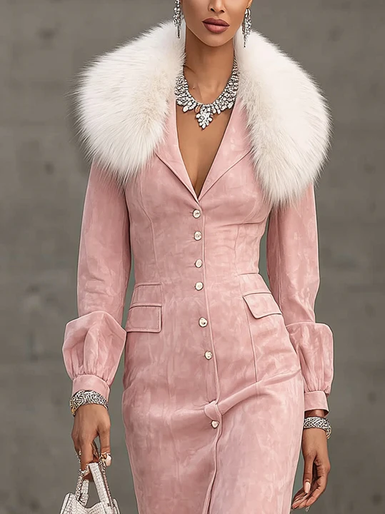 Pink Faux Suede Midi Dress With Faux Fur Collar And Button Detailing