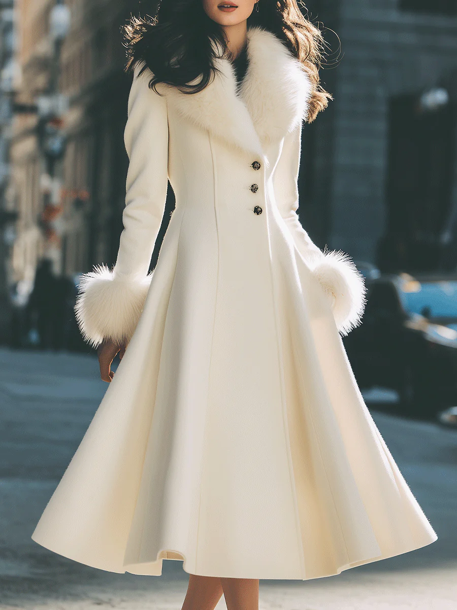 Ivory Flared Coat With Faux Fur Collar And Cuffs