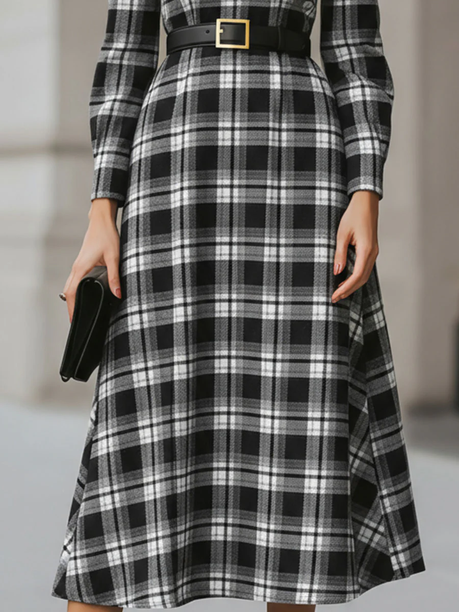 Chic Black And White Plaid Midi Dress With Belted Waist