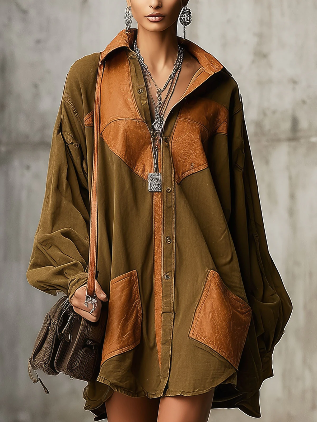 Olive Green Faux Suede Color Blocked Loose Mini Dress