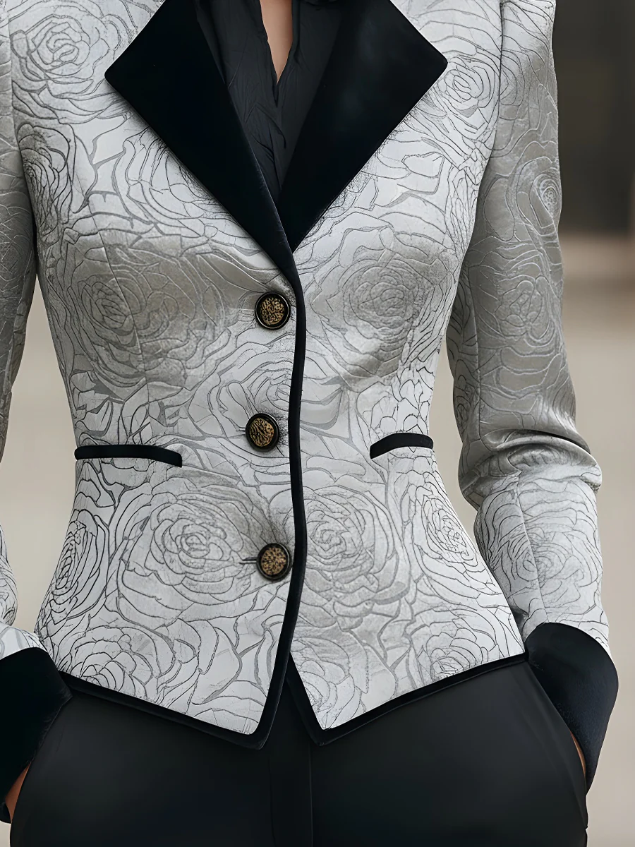 Jacquard Floral Blazer With Velvet Accents