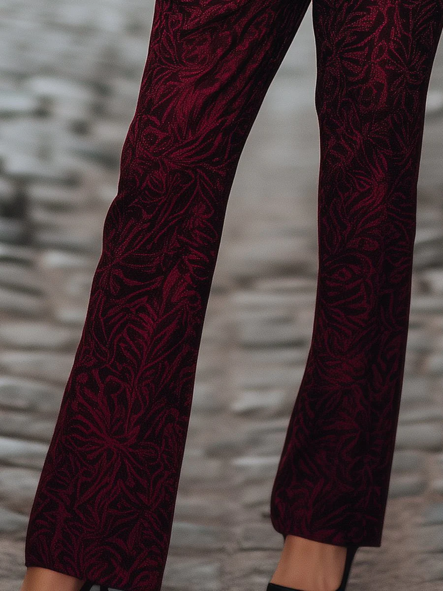 Burgundy Jacquard Pants with Intricate Jacquard Detailing