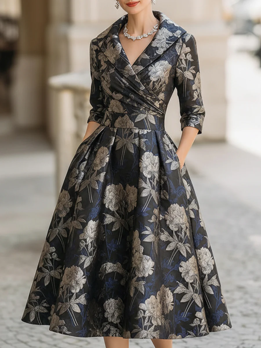 Elegant Jacquard Floral Midi Dress With Shawl Collar