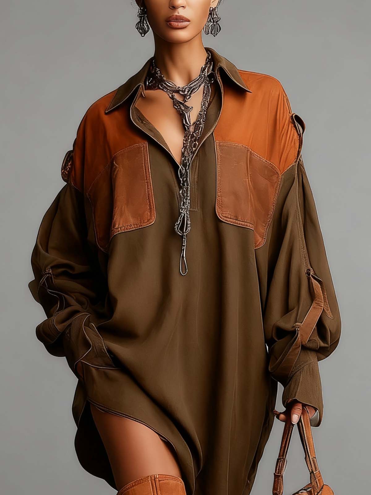 Olive Green Faux Suede And PU Leather Patchwork Loose Mini Dress