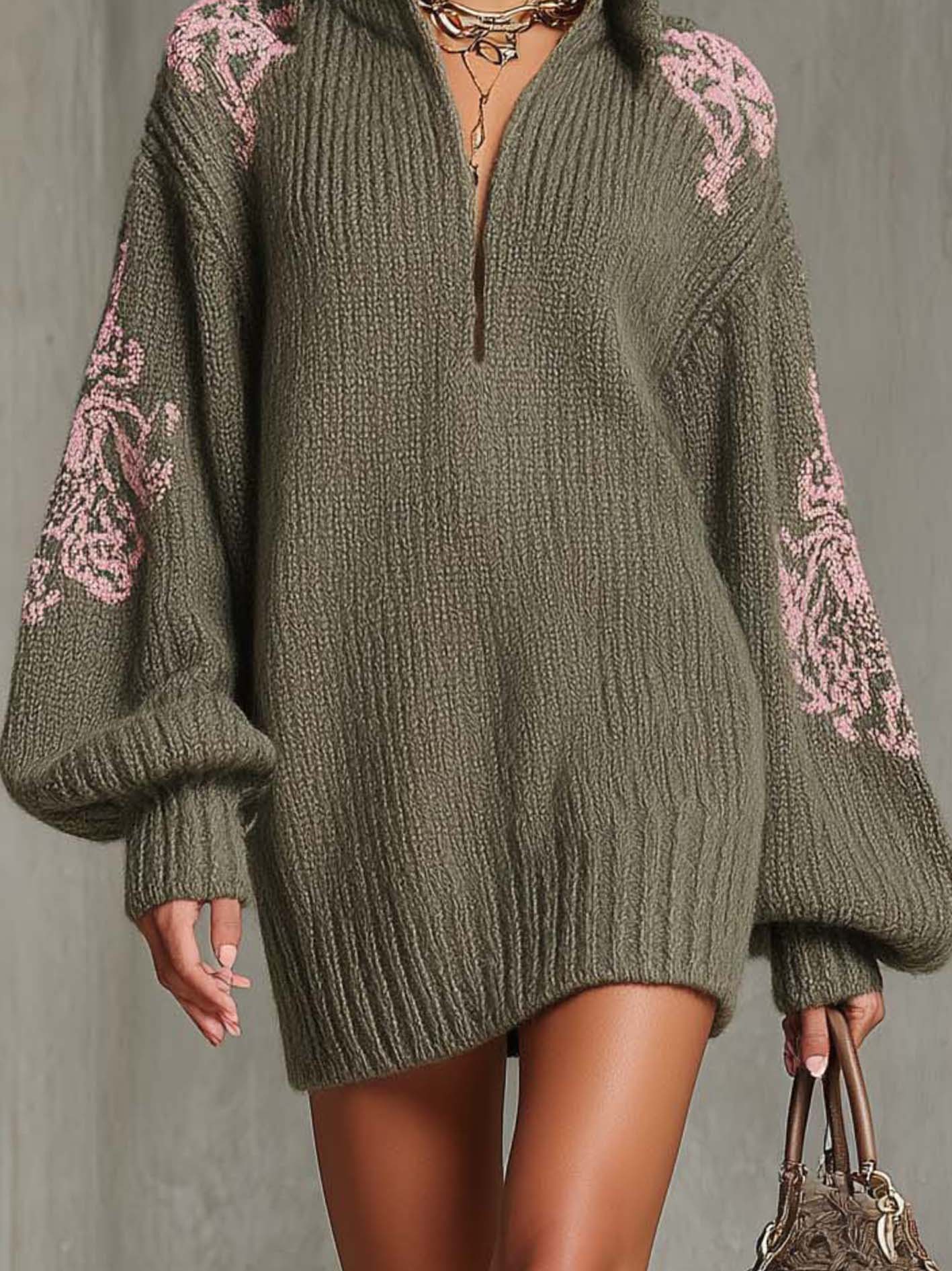 Gray-green Knitted Mini Dress With Pink Embroidery