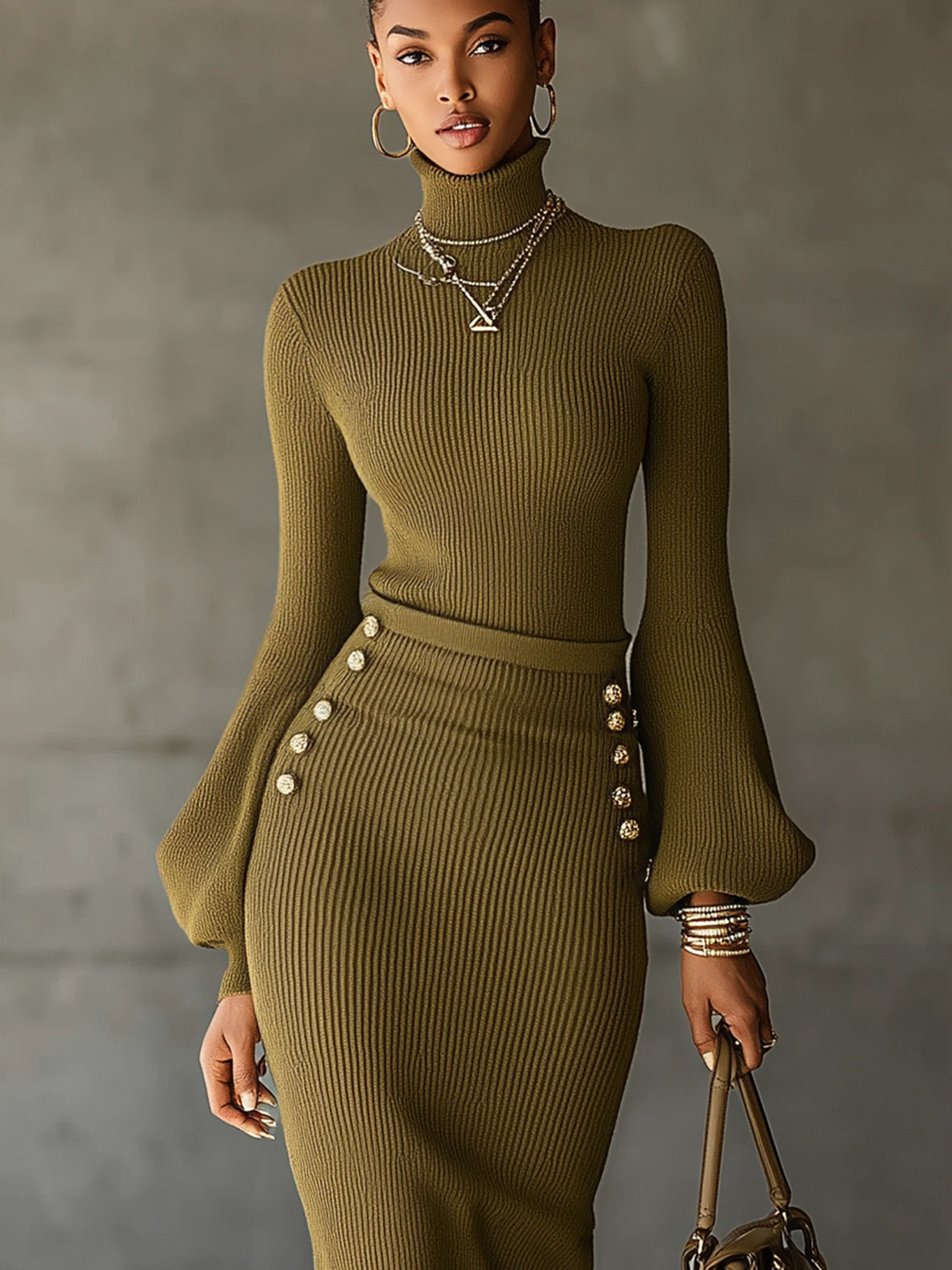 Olive Green Lantern Sleeve Knit Dress With Vintage Gold Buttons
