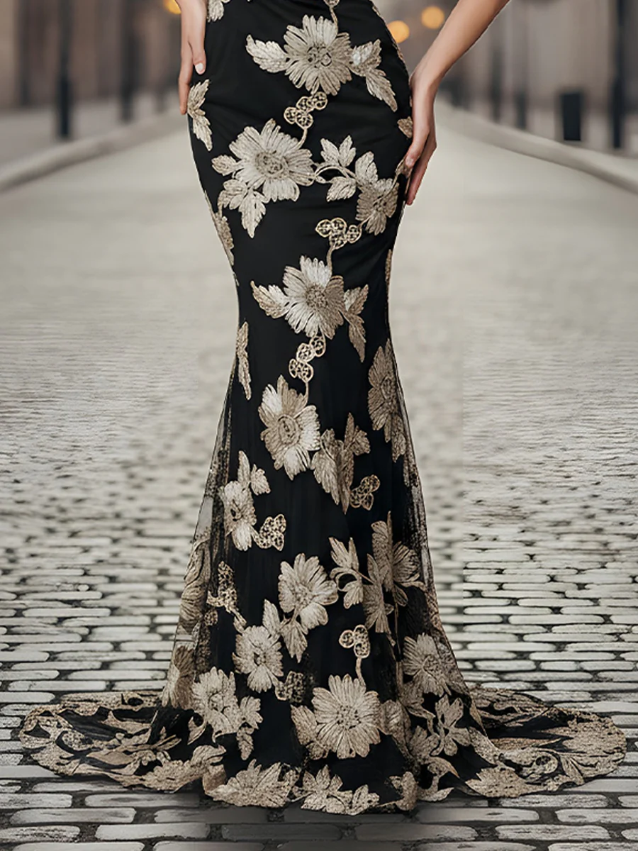 Black And Gold Floral Embroidered Mermaid Evening Gown