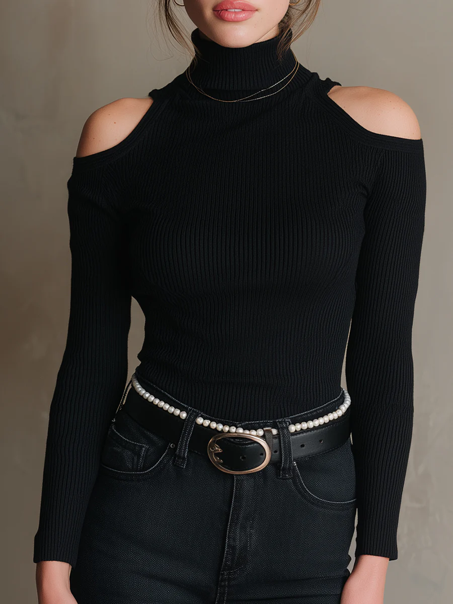 Black Ribbed Cold-Shoulder Top