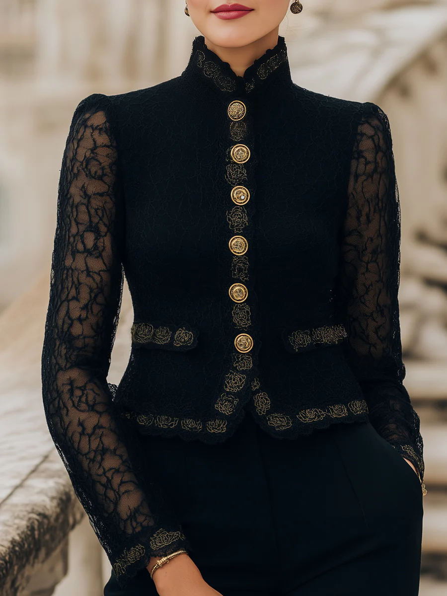 Lace Stand Collar Blazer With Buttons Front