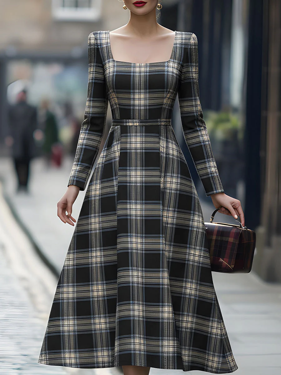 Classic Square Neck Plaid Midi Dress For Effortless Day-to-Night Style